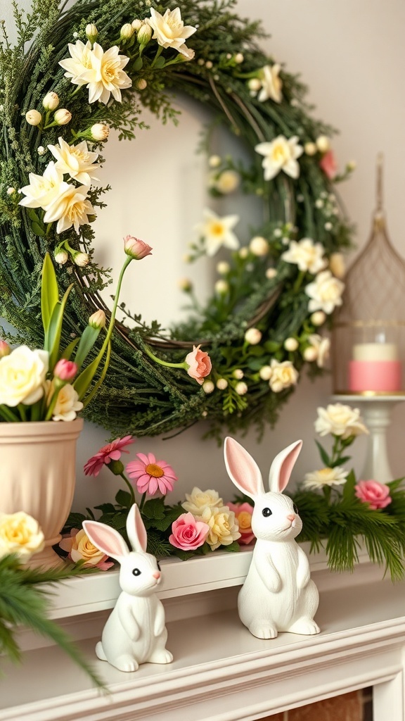 A mantel decorated with charming bunny figurines and spring flowers.