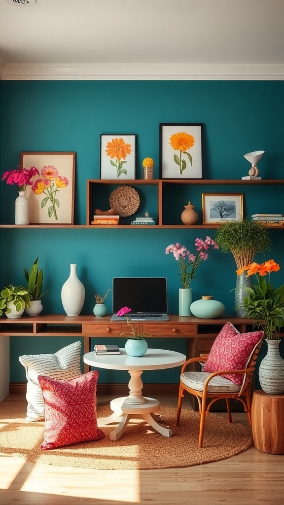 A stylish home office with teal walls, floral artwork, plants, and colorful accents.