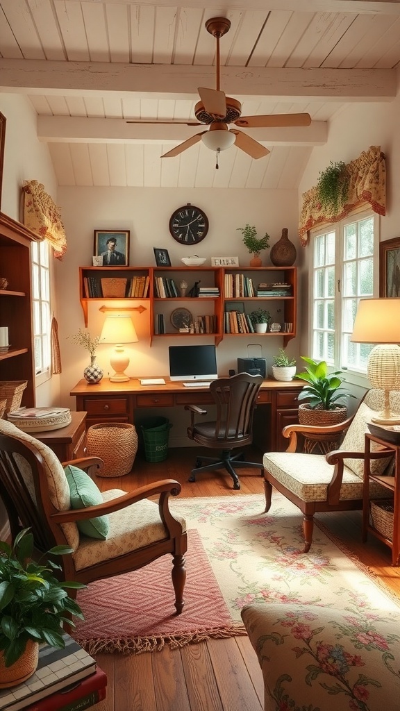 A cozy cottage office with wooden floors, a desk, and comfortable seating.
