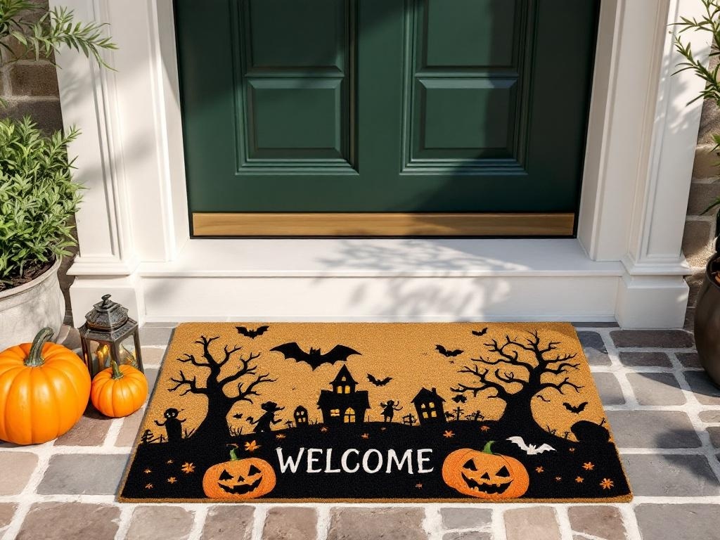 Charming Halloween doormat with pumpkins, bats, and a haunted house design