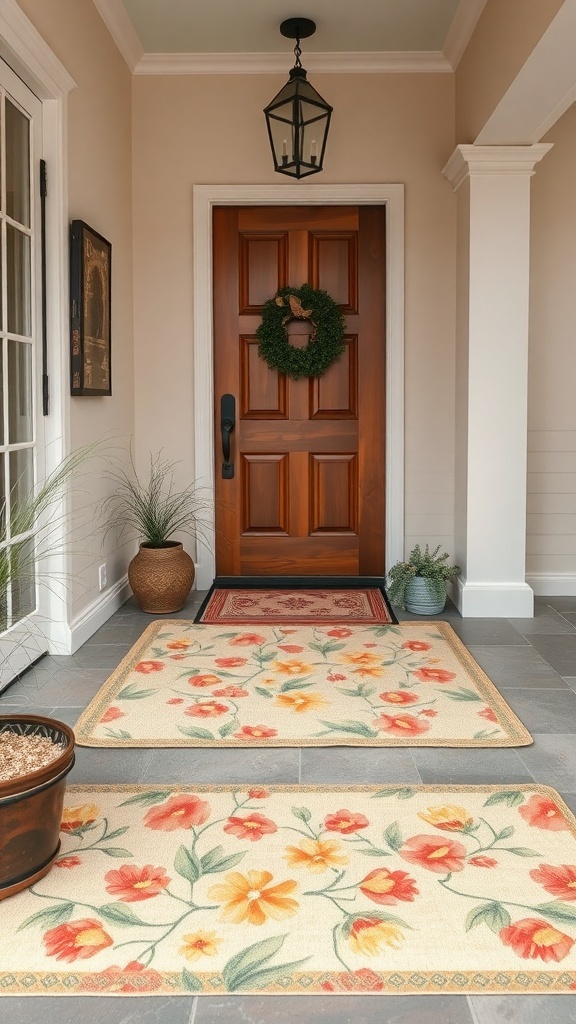 A charming entryway with floral rugs, a wooden door, and potted plants.