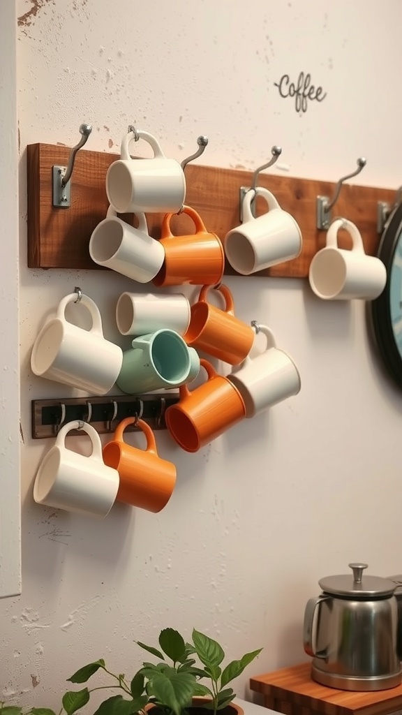 A rustic wooden mug display with colorful mugs hanging on hooks, featuring a 'Coffee' sign above.