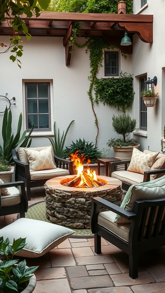 A cozy courtyard with a stone fire pit surrounded by comfortable seating and greenery.