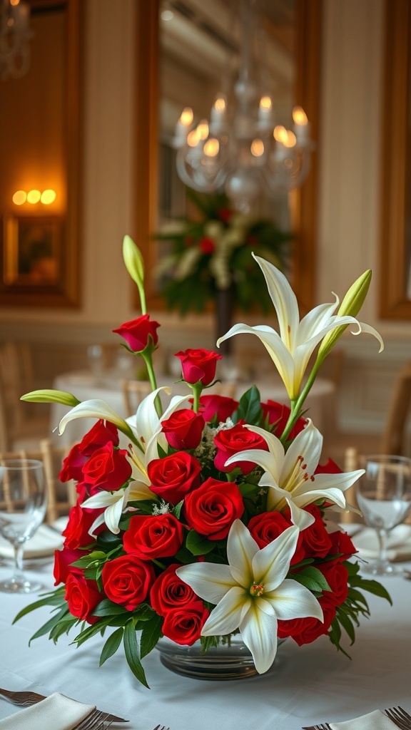 A floral centerpiece featuring red roses and white lilies in a glass vase.