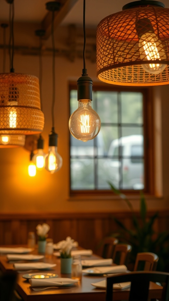 Dining room with glass and rattan shade lighting, featuring a cozy table setting.