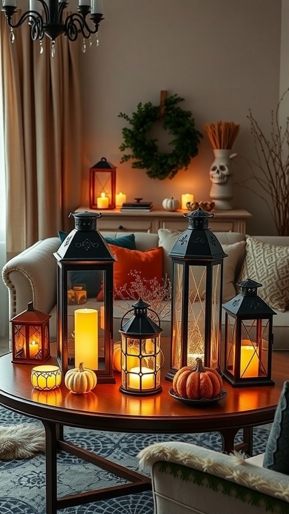 A cozy living room decorated with various lanterns, pumpkins, and warm candlelight for Halloween.
