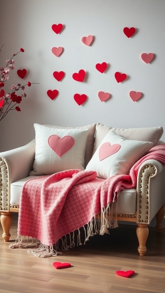 A cozy love seat decorated for Valentine's Day with heart-themed cushions and a pink throw blanket.
