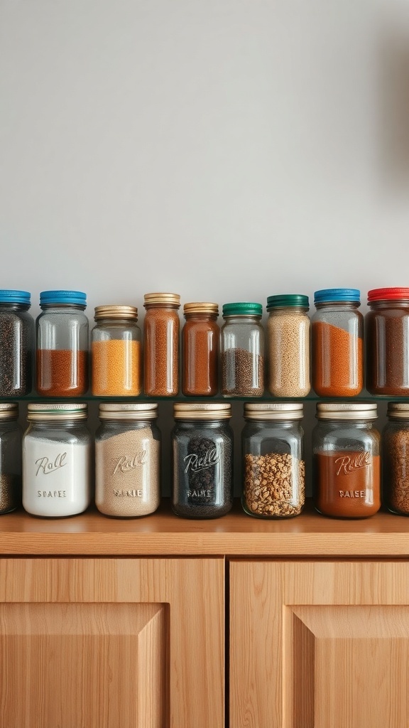A collection of mason jars filled with various spices and grains, displayed above kitchen cabinets.