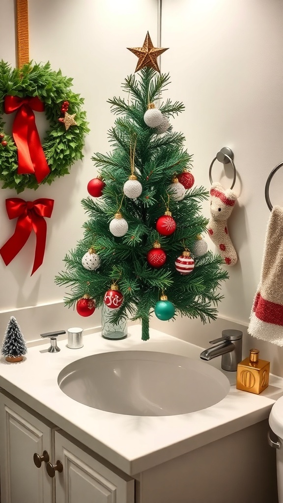 A mini Christmas tree with ornaments and a star on top, placed in a bathroom next to a sink, with a festive wreath on the wall.