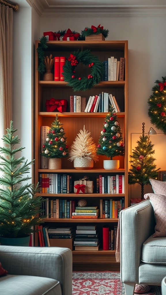 A cozy living room shelf decorated with mini Christmas trees, a wreath, and festive accents.