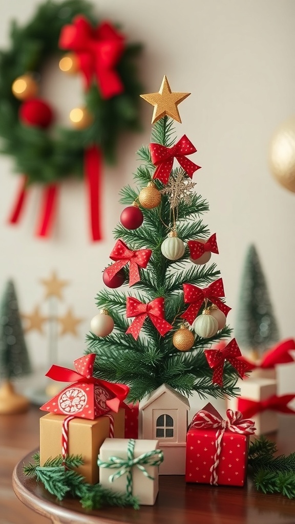 A festive mini Christmas tree decorated with red bows and ornaments, surrounded by wrapped gifts.