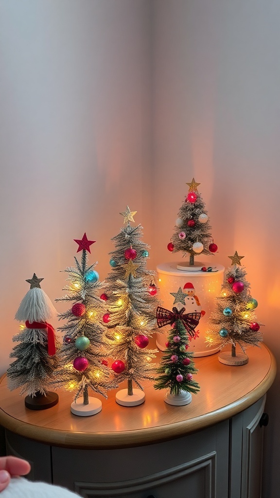 A collection of charming miniature Christmas trees with colorful decorations and warm lights.