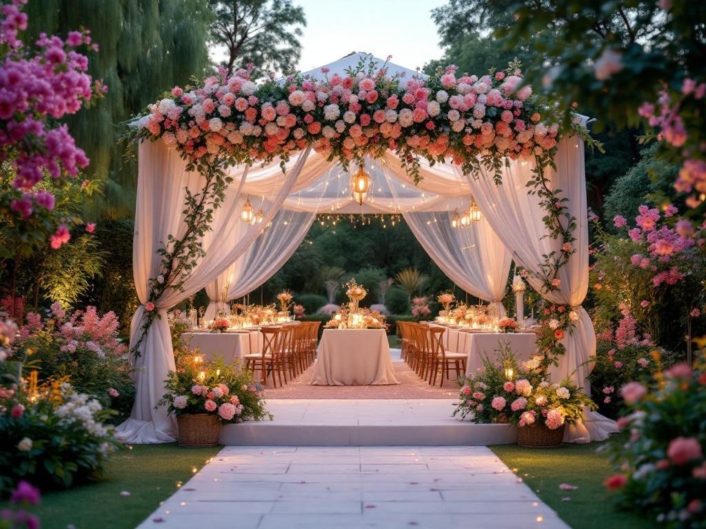 A charming outdoor reception tent decorated with flowers and soft lighting, set in a garden.
