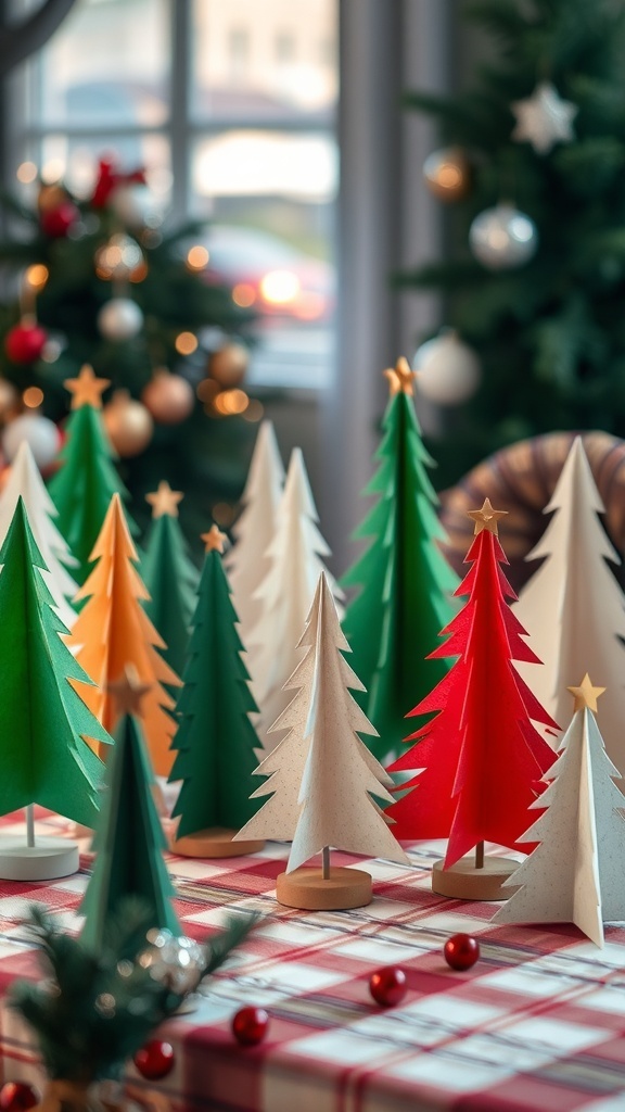 A collection of handmade paper Christmas trees in various colors and sizes, displayed on a table with festive decorations.