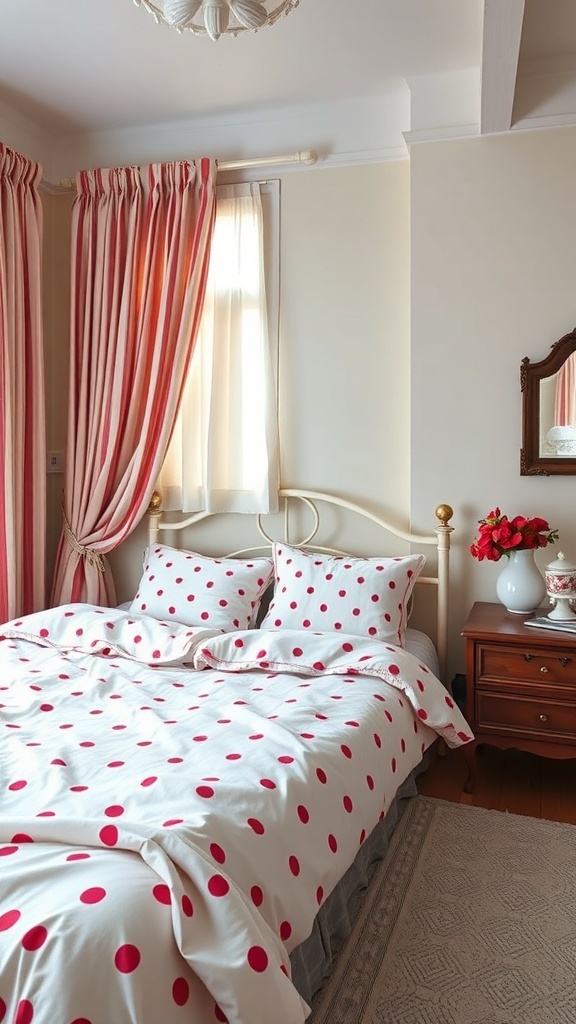 A cozy bedroom featuring a polka dot duvet cover and striped curtains, creating a charming and inviting atmosphere.