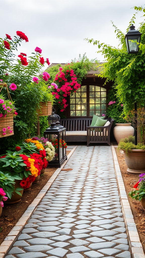 A charming pebble pathway lined with colorful flowers leading to a cozy seating area.
