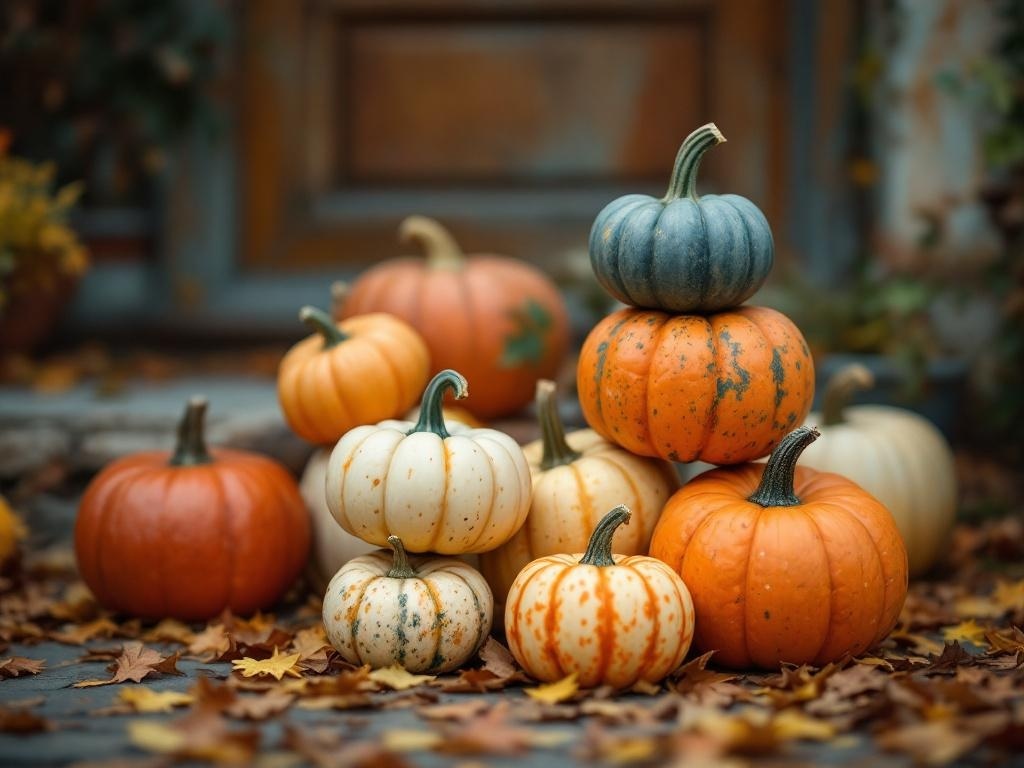 A stack of colorful pumpkins in various sizes, surrounded by autumn leaves, creating a charming Halloween display.