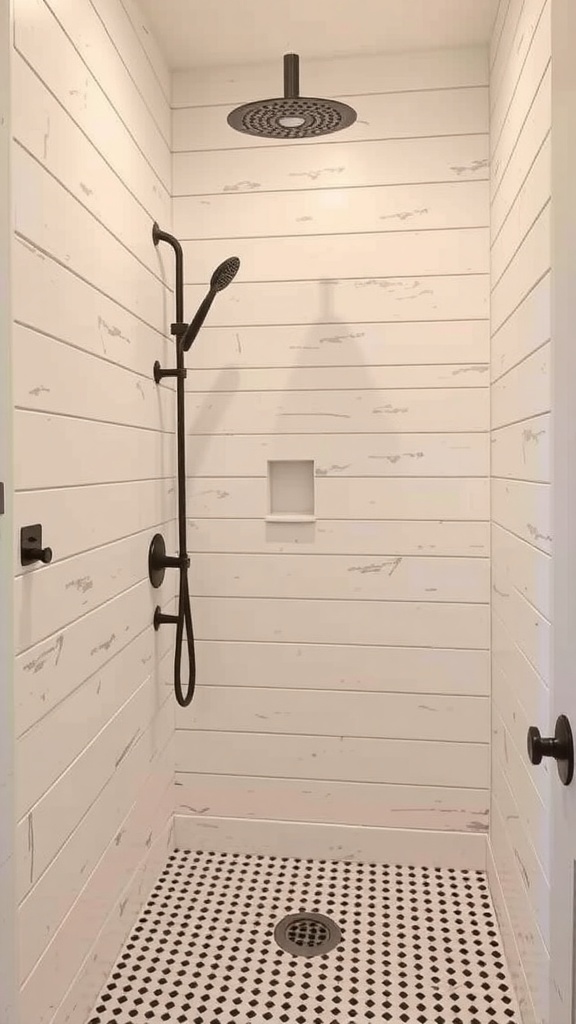 A rustic shower featuring white shiplap walls and black fixtures.