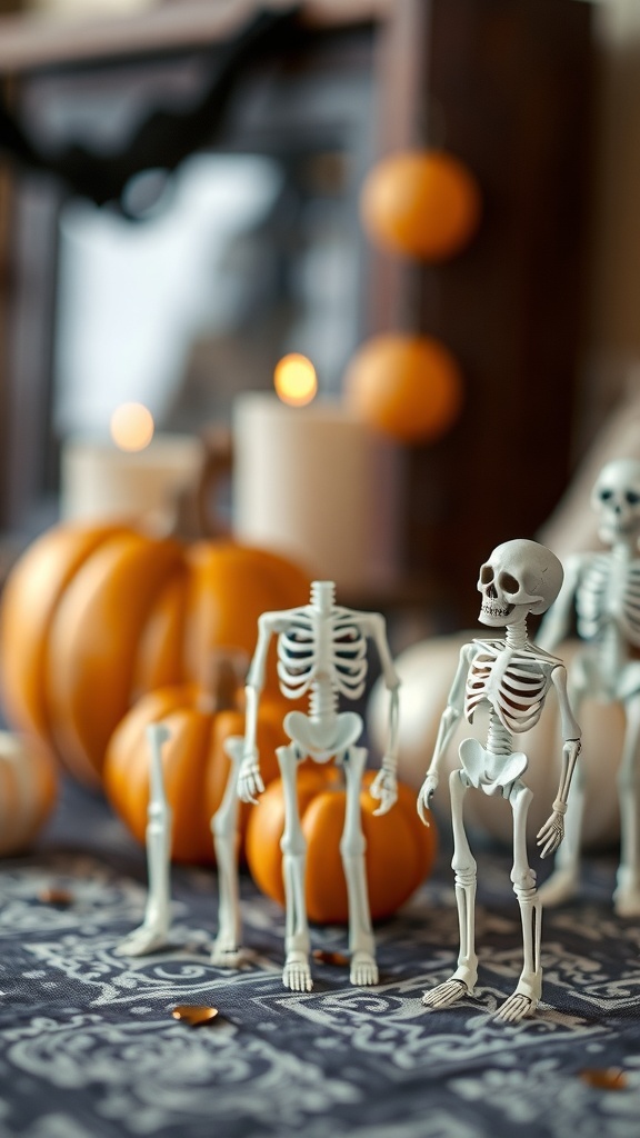 Charming skeleton figurines among pumpkins and candles