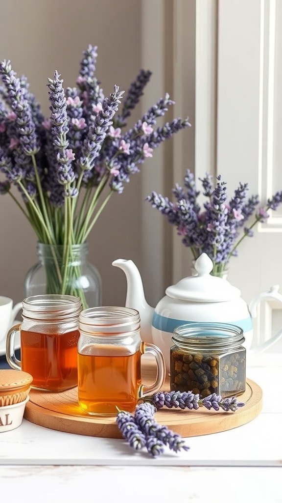 A charming spring tea station with mason jars of tea, a teapot, and lavender flowers.