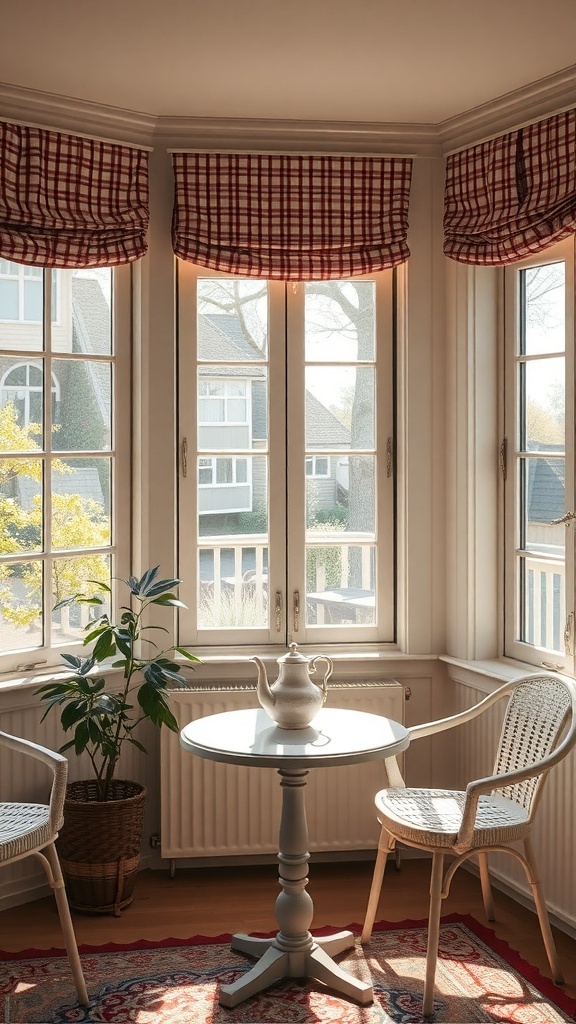 A cozy tea room setup in a small sunroom with a round table, two chairs, a teapot, and a potted plant.