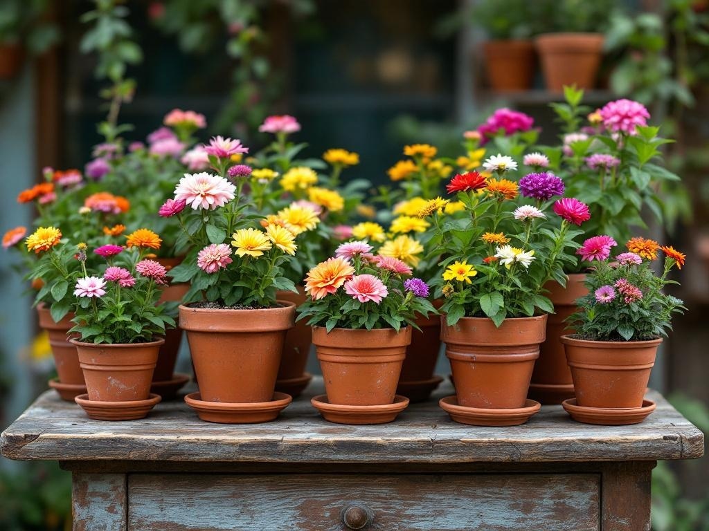 A collection of terracotta pots filled with colorful flowers on a wooden table.