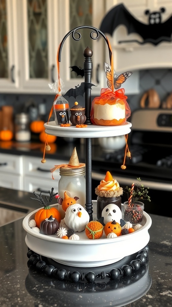A charming Halloween tiered tray display featuring mini pumpkins, spooky cupcakes, and decorative accents.