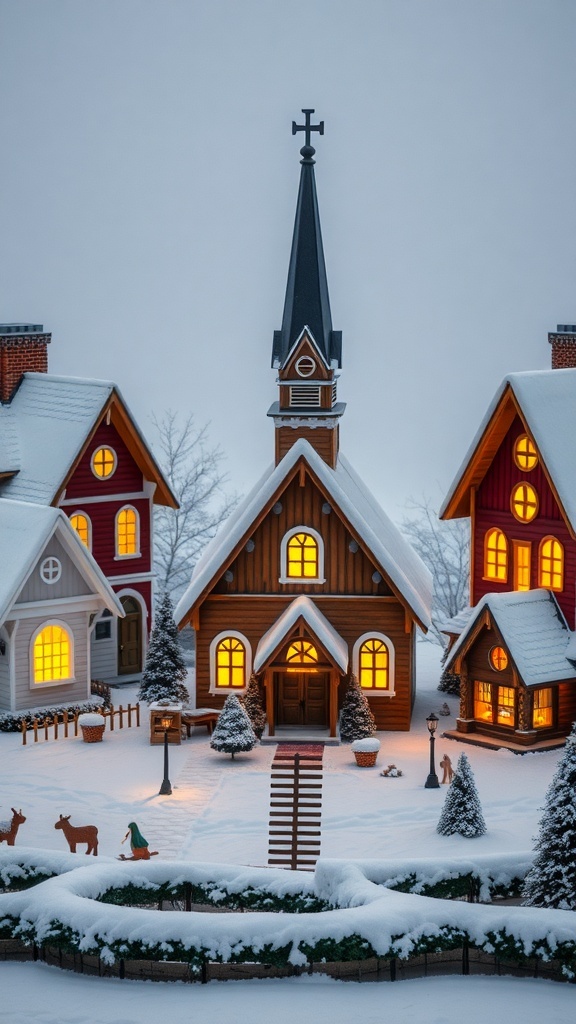 A charming snowy village scene featuring a church and colorful houses, all illuminated warmly.