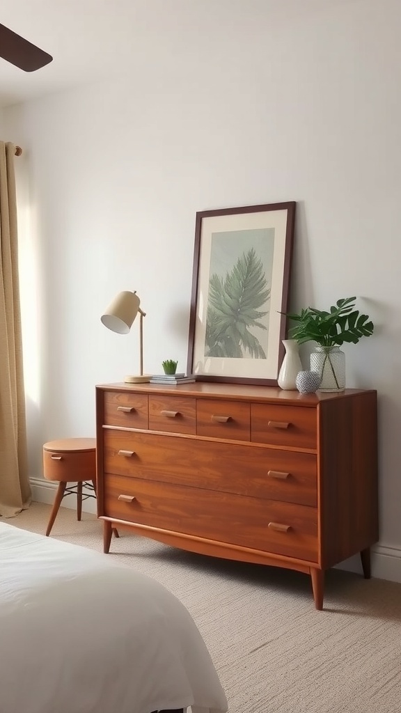 A vintage wooden dresser with a framed botanical print above it in a mid-century modern bedroom.