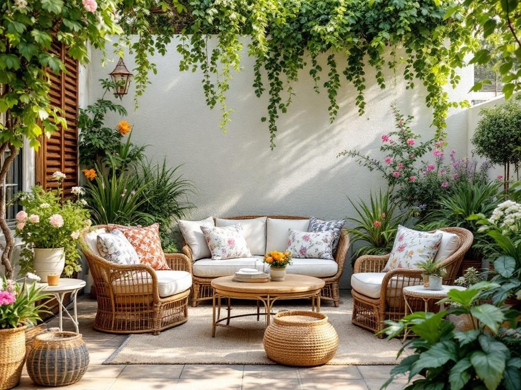 A charming garden seating area with vintage wicker furniture, floral cushions, and lush greenery.