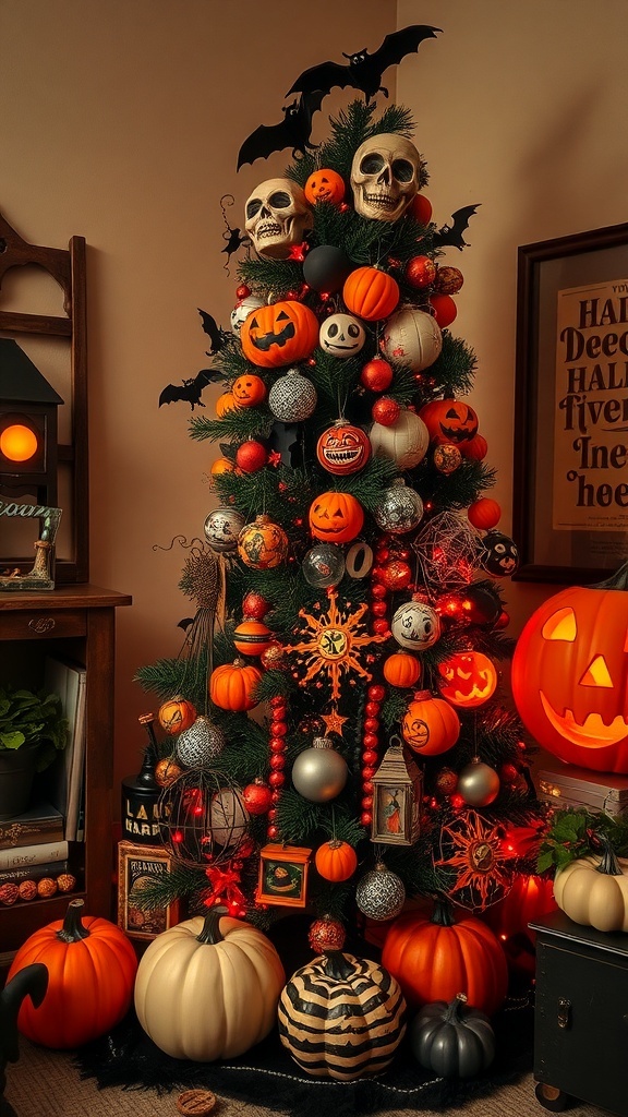 A vintage Halloween tree decorated with pumpkins, skulls, and colorful ornaments, surrounded by more pumpkins.