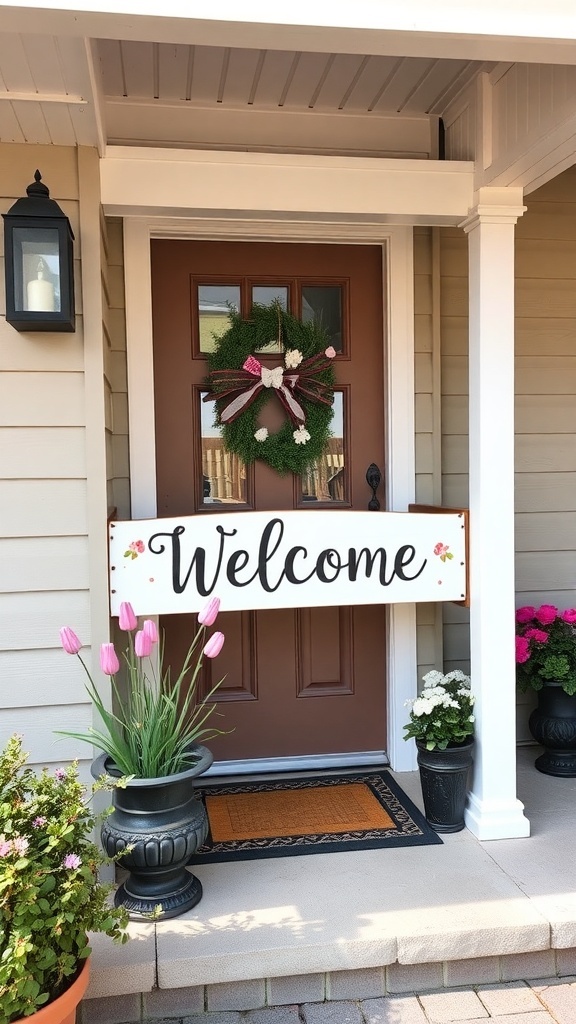 A charming front porch with a welcome sign, a wreath on the door, and colorful flowers in pots.