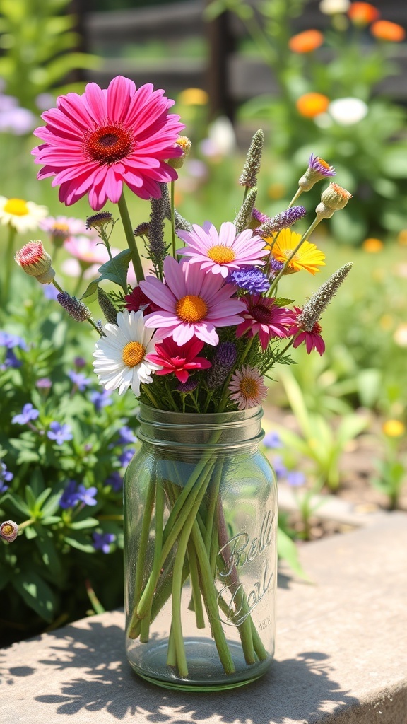 A colorful wildflower arrangement in a glass jar, featuring pink daisies and other vibrant blooms.