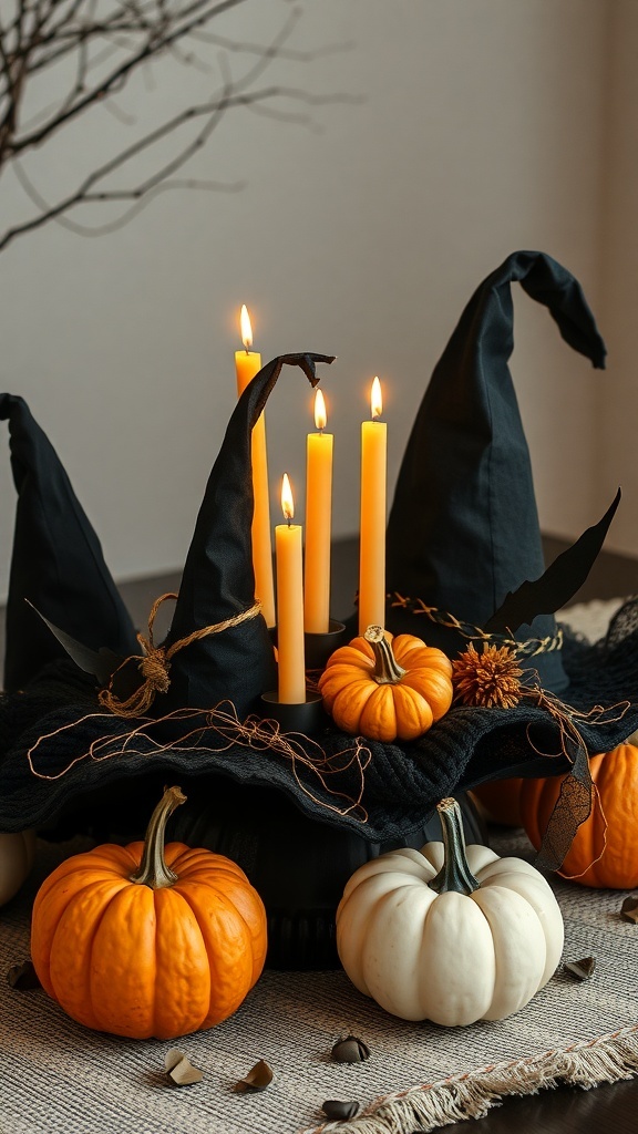 Halloween centerpiece featuring witch hat accents, candles, and pumpkins.
