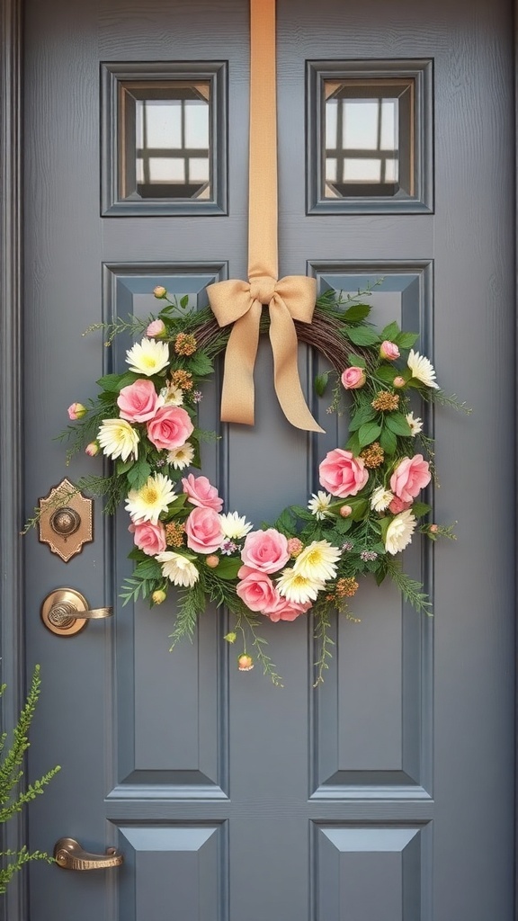 A charming spring wreath with pink roses and daisies hanging on a gray front door.