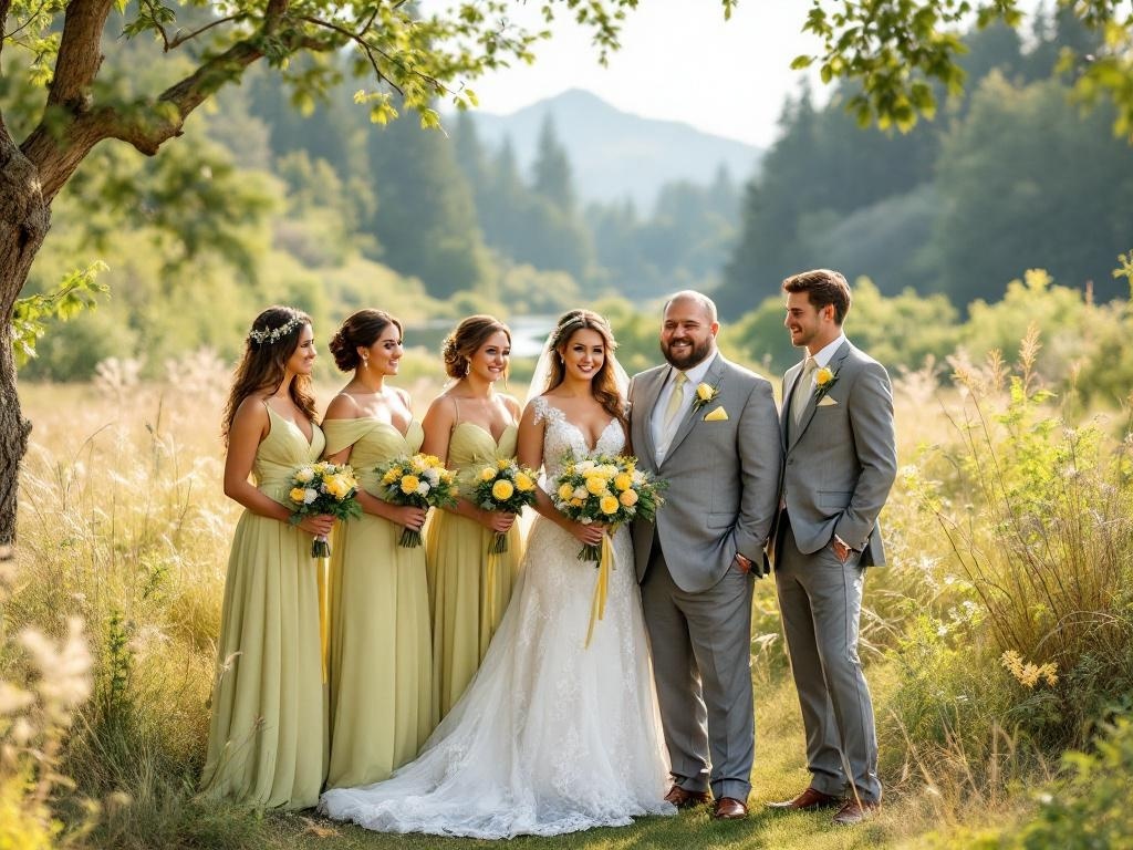 Bridal party in chartreuse dresses with the bride in a white gown, surrounded by nature.