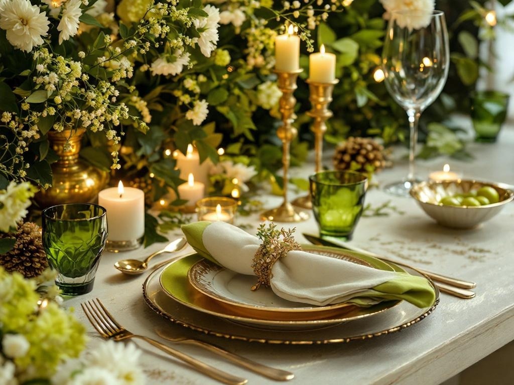A wedding table setting featuring chartreuse and gold decor with floral arrangements, candles, and elegant tableware.