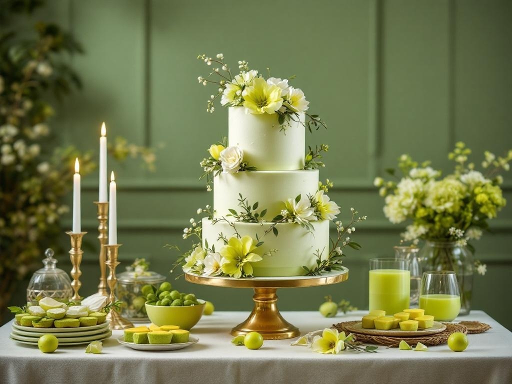 A beautiful chartreuse wedding cake with flowers, surrounded by green treats and candles.