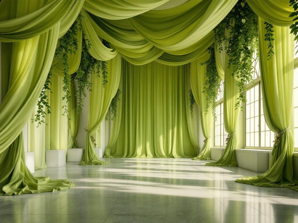 A beautifully draped chartreuse fabric in a bright venue with greenery.