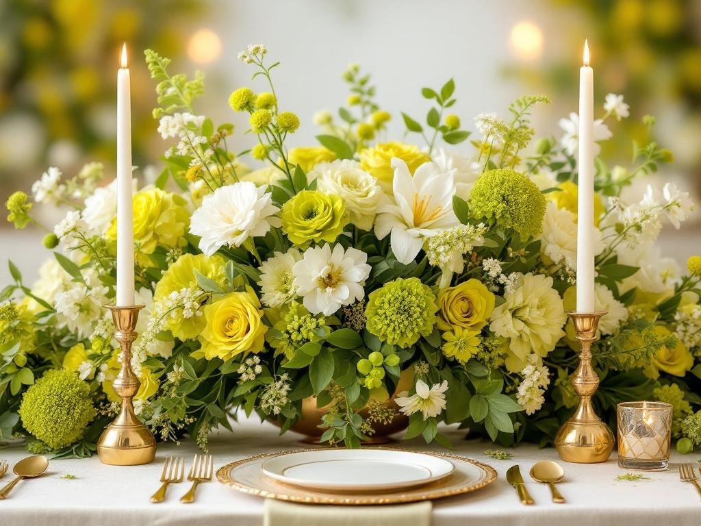 Vibrant chartreuse floral arrangement with white flowers, candles, and elegant table setting.