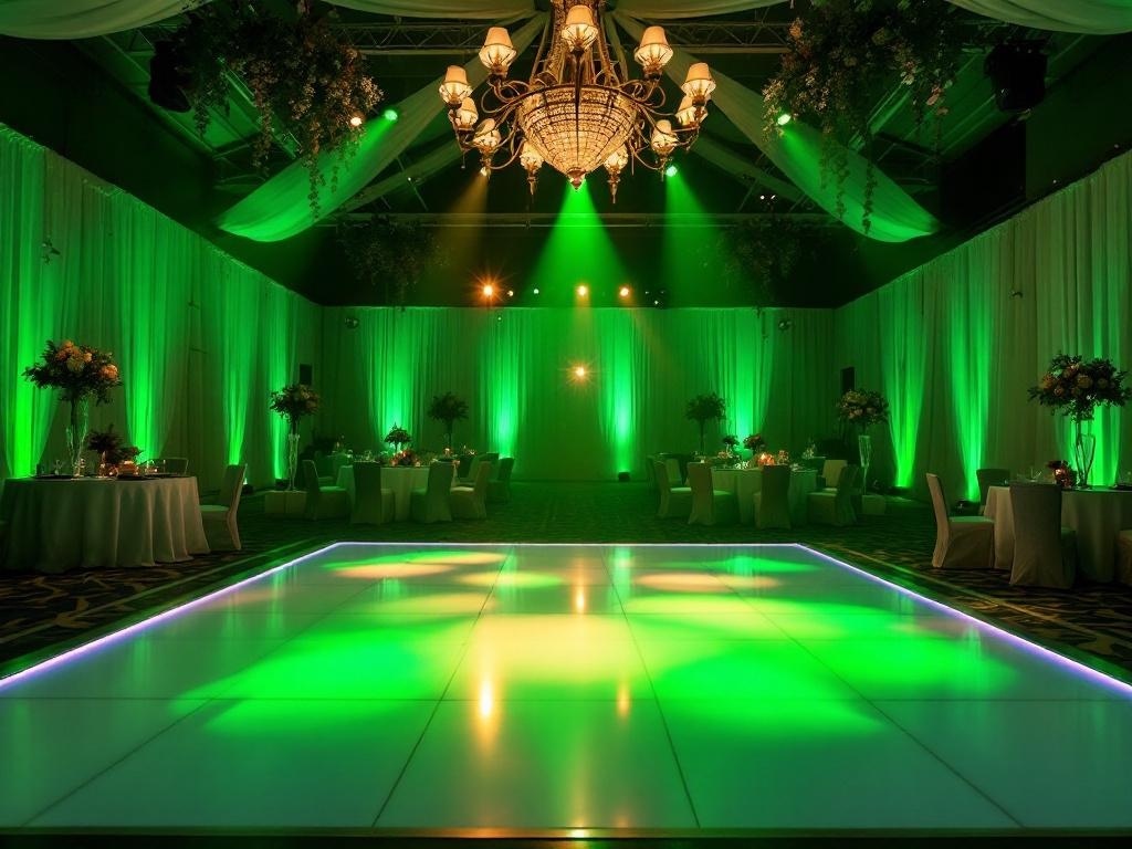 A wedding venue with chartreuse lighting effects, featuring a dance floor and elegant decor.