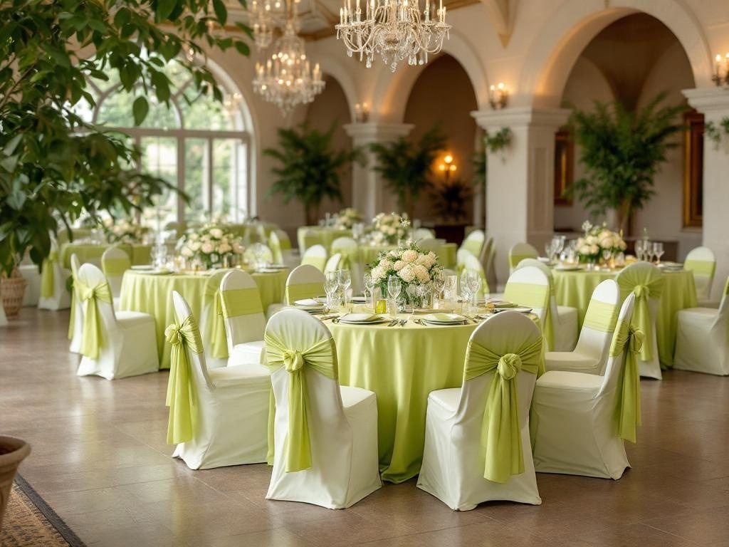 Wedding reception with chartreuse linens on tables and chairs, creating a vibrant atmosphere.