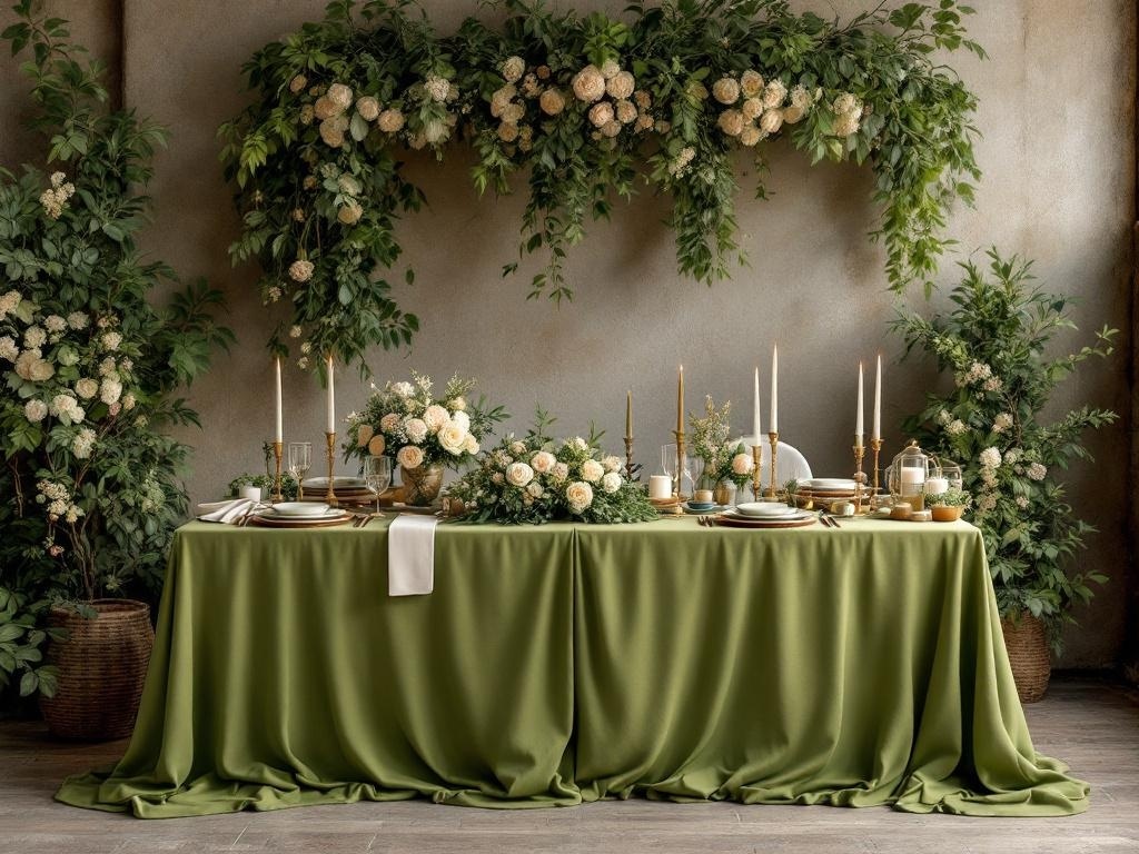 A beautifully set table with chartreuse tablecloth, white flowers, and candles.