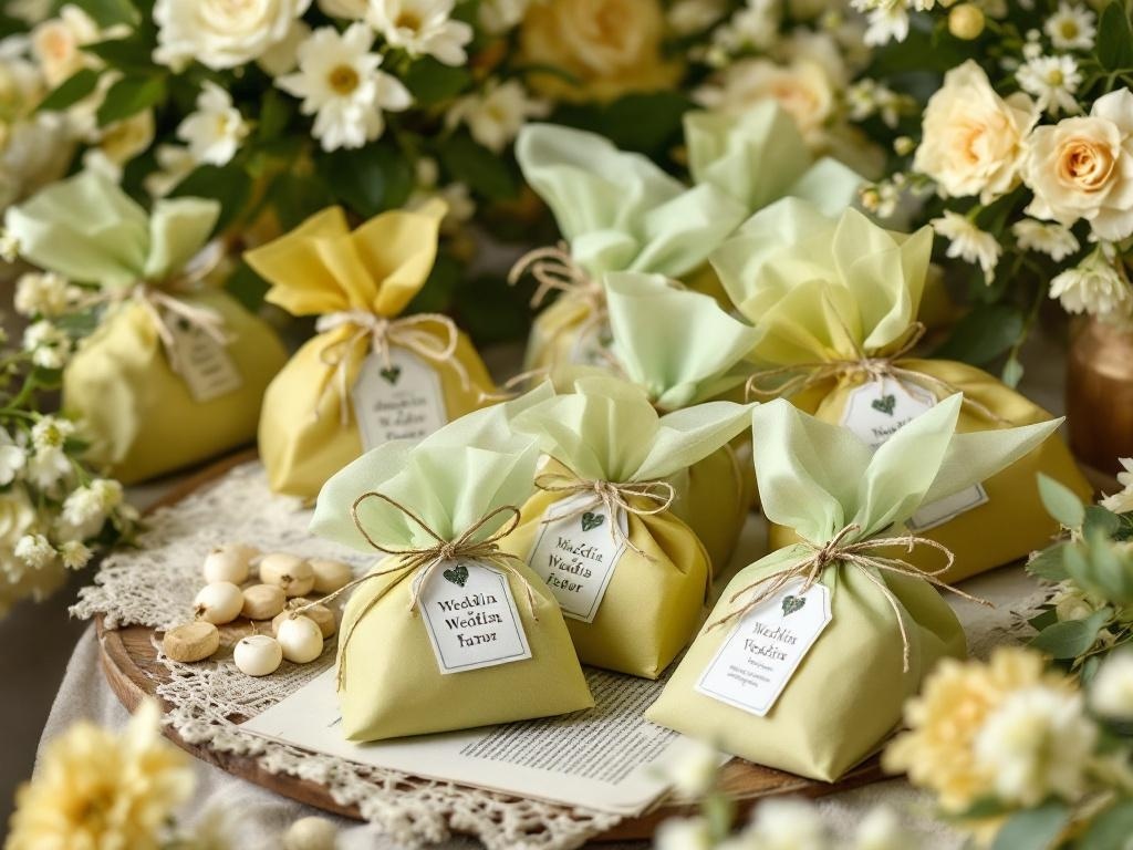 Chartreuse wedding favors wrapped in green and yellow fabric with twine and tags, surrounded by flowers.