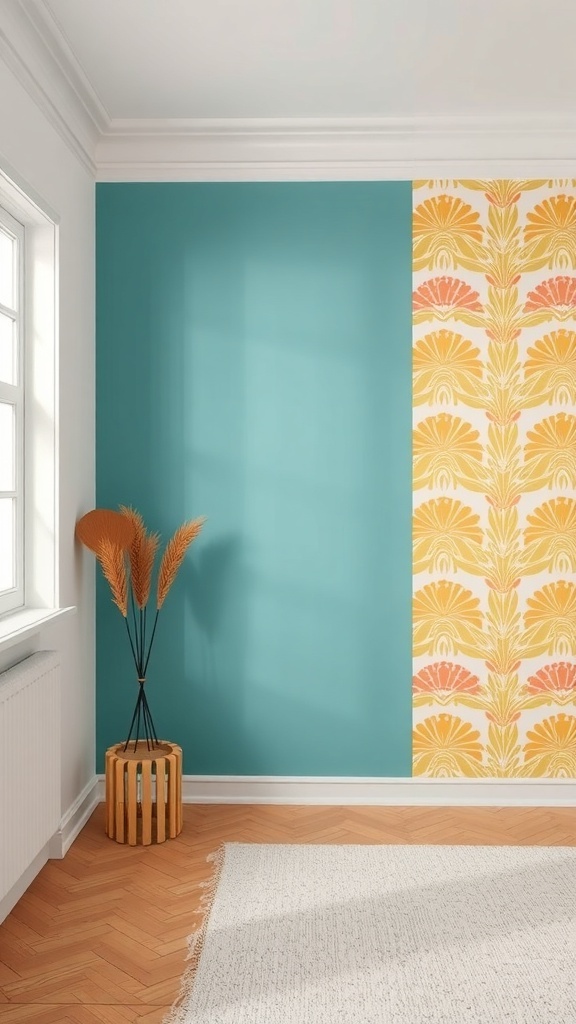A room featuring a teal accent wall and a patterned yellow and pink floral wall, with a wooden planter and a soft rug.