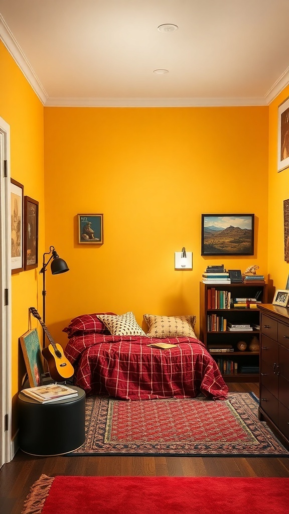 A cozy boys room featuring butter yellow walls, a red checkered bedspread, and rich accent colors.