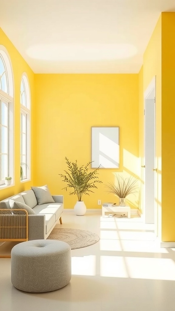 A bright room with buttercup yellow walls, featuring a light gray couch, round pouf, and plants.