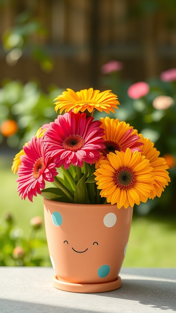 A cheerful arrangement of pink and yellow Gerbera daisies in a smiling pot.