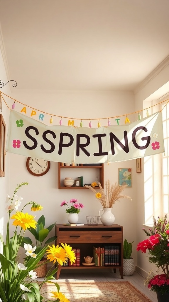 A cheerful spring-themed banner that says 'SPRING' in bold letters, decorated with colorful accents, hanging in a bright room filled with flowers.
