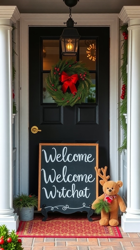 A festive welcome sign on a porch with a wreath, stuffed reindeer, and holiday decorations.